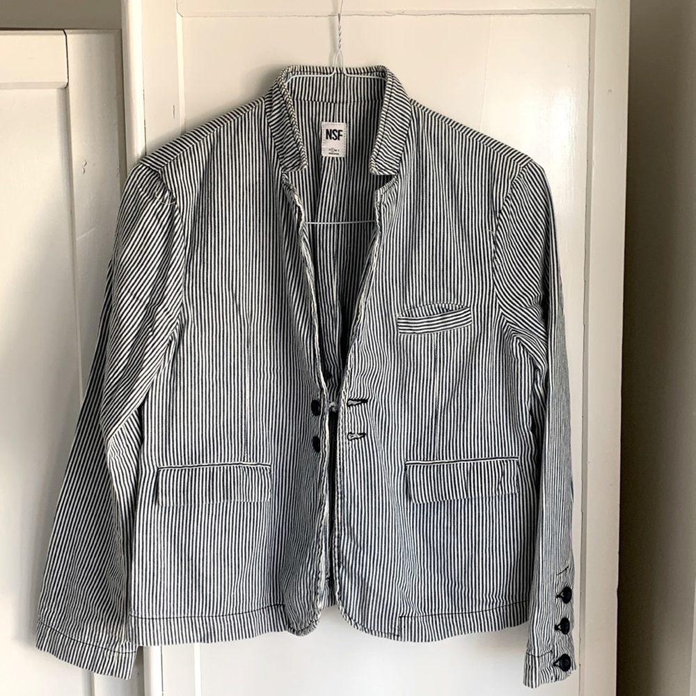 NSF blue and white railroad strip distressed jacket.